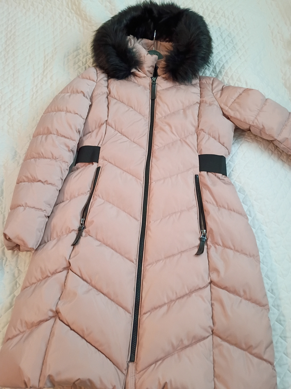 Calvin Klein Dusty Pink Long Puffer Coat with Faux Fur Trim